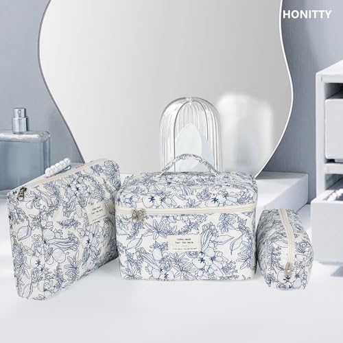 honitty Makeup Bag,Quilted Cosmetic Bags,Large Floral Make Up Organize bag,Makeup Bag Set for Women,Flower Travel Toiletry Bag - color: Blue