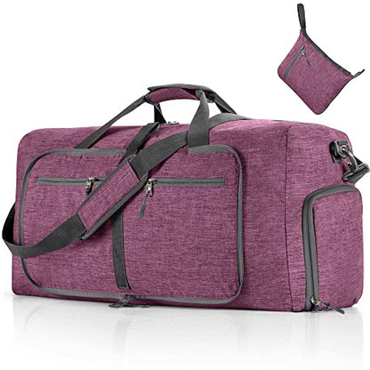 Vomgomfom 65L/85L/115L Foldable Travel Duffle Bag, Lightweight Checked Luggage with Shoe Compartment, Water-Resistant Weekender Overnight Bag for Men & Women - color: I Purple, size: 115L
