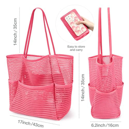 KPX Beach Bag with Mini Pocket, Summer Beach Tote Bags for Women Large Foldable Mesh Swimming Pool Travel Bags - Sandproof - color: Rose