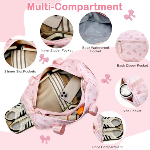Gym Bag Sports Duffle Bags with Wet Pocket Weekender Overnight Bag with Shoe Compartment and Air Hole for Girls Kids Women Workout Travel Bags (Bow Flower-Pink) - color: Bow Flower-Pink