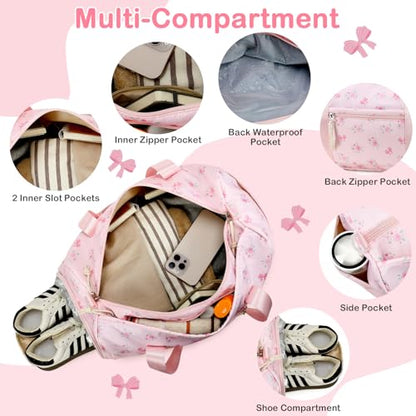 Gym Bag Sports Duffle Bags with Wet Pocket Weekender Overnight Bag with Shoe Compartment and Air Hole for Girls Kids Women Workout Travel Bags (Bow Flower-Pink) - color: Bow Flower-Pink