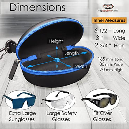 MyEyeglassCase Sports Sunglasses Case and Slim wallet Semi hard large glasses case w/belt clip soft pouch & cloth - color: B701 XL Black/Blue