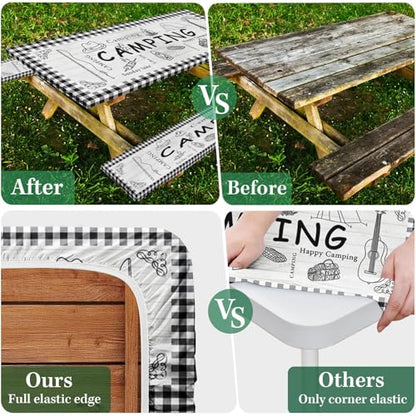 Picnic Table Cover with Bench Covers Elastic Edges, Farm Plaid Fitted Table Cover, Outdoor Patio Camping Essentials 72 Inch 3PCS, Waterproof Camping Fitted Tablecloth with Drawstring Bag - color: Plaid, size: 72in