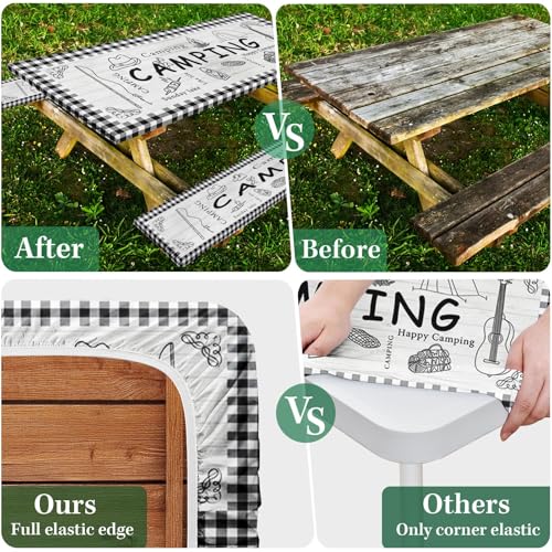 Picnic Table Cover with Bench Covers Elastic Edges, Farm Plaid Fitted Table Cover, Outdoor Patio Camping Essentials 60 Inch 3PCS, Waterproof Camping Fitted Tablecloth with Drawstring Bag - color: Plaid, size: 60in