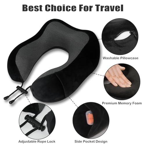 Travel Pillow, Memory Foam Neck Pillow for Traveling, U Shape Neck Pillow Airplane Portable Flight Pillow Travel Kit with 5D Contoured Eye Masks and Earplug for Plane Train Car Home Office - color: Black