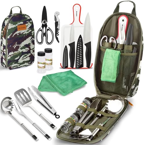 Wealers Camp Kitchen Cooking Utensil Set Travel Organizer Grill Accessories Portable Compact Gear for Backpacking BBQ Camping Hiking Travel Cookware Kit Water Resistant Case - color: 12 Pieces Camo Green