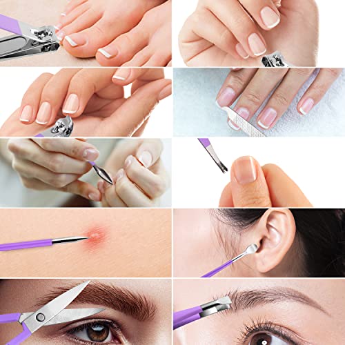 Manicure Set, Travel Mini Nail Clippers Kit Pedicure Care Tools, 10pcs Stainless Steel Grooming kit (Violet) - color: Purple