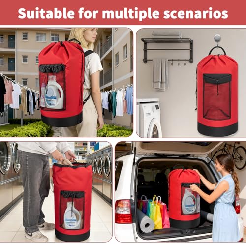 150L Laundry Bag Backpack with 3 Sizes Mesh Wash Bags and Shoulder Straps Foldable Clothes Hamper Bag with Drawstring Closure for College, Apartment, Laundromat(Red) - color: Bright Red
