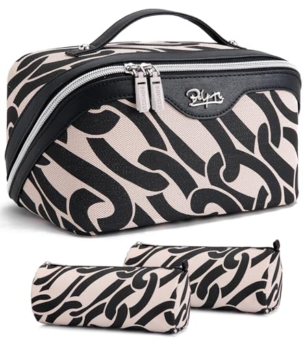 BOYATU Travel Makeup Bag for Women: Large Capacity 3-Piece Cosmetic & Toiletry Organizer - Expands Storage by 50% with 2 Detachable Pouches,Opens Flat for Easy Packing,Waterproof PU Leather(Black) - color: A-5-Black
