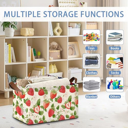 Strawberry Storage Baskets,Leaves Foldable Large Capacity Organizer Bins with Waterproof Lining and Leather Handles for Closet,Shelf,Bedroom 17x11.5x10Inch - color: Strawberry Leaves