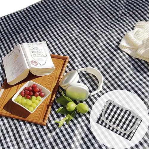 Cute Gingham Picnic Blanket, Waterproof Foldable, in Large 80x60in and Extra Large 80x80in, Portable Compact Beach Blanket, Oversized XL Outdoor Mat - color: Black, size: Large