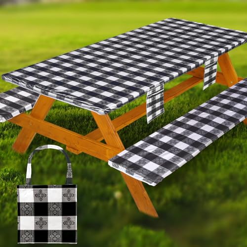 Fitted Picnic Table Cover with Bench Covers Waterproof Elastic Edges Rectangle Patio Tablecloth Outdoor Camping Essentials Stuff Rv Accessories Summer Trip Travel Supplies Party Camper Gifts, 6 ft - color: Black White Grid, size: 72in