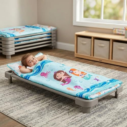 EVERYDAY KIDS Toddler Nap Mat with Removable Pillow -Underwater Mermaids- Carry Handle with Fastening Straps Closure, Rollup Design, Soft Microfiber for Preschool, Daycare Sleeping Bag, Ages 2-6 years - color: Underwater Mermaids