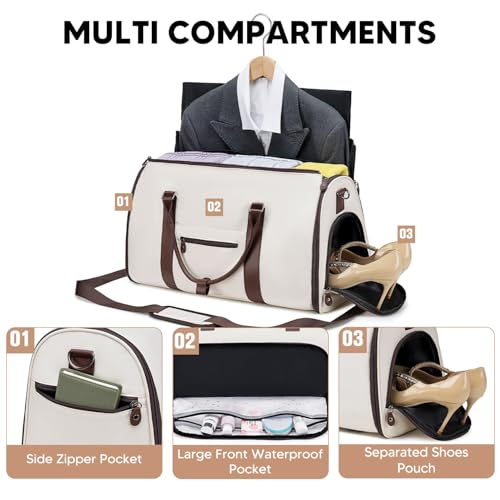 Convertible Garment Bags for Travel, Carry On Garment Duffle Bags for Women, Garment Bag with Shoes Compartment, 2 in 1 Travel Suit Bag with Detachable Shoulder Strap (Beige-New) - color: Beige-New