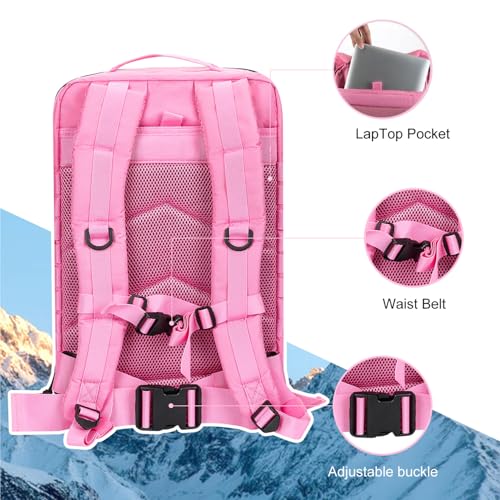 Hannibal Tactical MOLLE Assault Backpack, Tactical Backpack Military Army Camping Rucksack, 3-Day Pack Trip w/USA Flag Patch, D-Rings, Pink - color: Pink