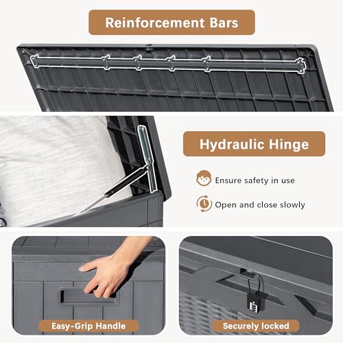 Devoko 97 Gallon Deck Box, Waterproof Resin Outdoor Storage Box for Outside and Patio, Large Outdoor Storage Bench Cabinet Lockable for Patio Furniture, Garden Tools and Pool Supplies (Gray) - color: Grey, size: 97 Gallon 1 Pack