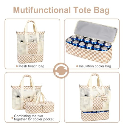 Bluboon Mesh Beach Tote Bag with Cooler Compartment Insulated Detachable Picnic Bag with Zipper and Pocket Pool Bag for Women - color: A-brown White Grid