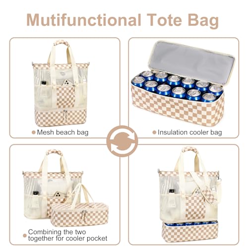 Bluboon Mesh Beach Tote Bag with Cooler Compartment Insulated Detachable Picnic Bag with Zipper and Pocket Pool Bag for Women - color: Black Floral Beige