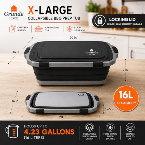 BBQ Prep Tub Collapsible EXTRA-LARGE w/Cutting Board, Locking Lid – Meal Prep Food Prep Containers w/Lids for Resting Meat –3 Adjustable Height - Ideal for Camping, Picnic, Dish Basin