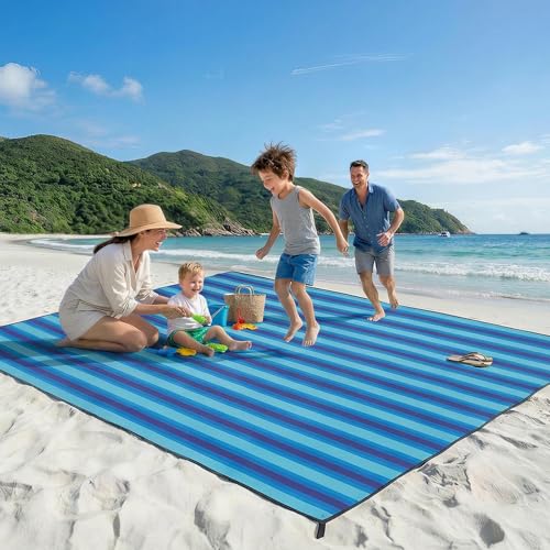OIGAE Family Beach Blanket, 7×8 ft Sand-Free Picnic Mat for 1–4 People, Quick-Dry Lightweight Outdoor Blanket with Stakes & Corner Pockets, Blue Stripe - color: Blue Stripe, size: 7x8 Ft (2～5 person)