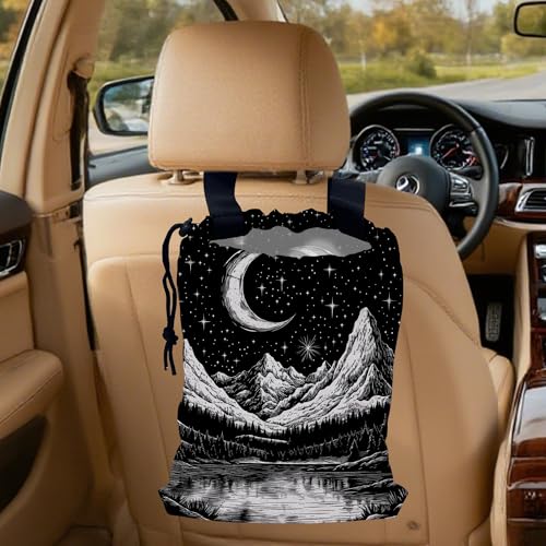 Moon and Lake River Car Garbage Bag,Mountain Night Sky Small Car Trash Bag Hanging Back of Seat,Drawstring Car Trash Bag with Adjustable Buckle,Car Accessories for Camping Travelling - color: Moon and Lake River