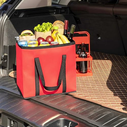 Reusable 6 Cup Drink Carrier with Handle and Insulated Food Delivery Bag, Portable Plastic Cup Caddy, 26L Grocery Cooler Box for Car Delivery, Travel, Picnic - color: Red