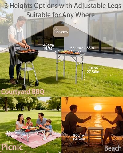 HOMGEN Portable Small Folding Table-Ease of Assembly-3 Heights Adjustable 30/20/10 Inch-23'' L x 16'' W Desktop Size-Stable Camp Table Foldable-Durable Load-Bearing Up to 66lbs-for RV/Camping/Picnic