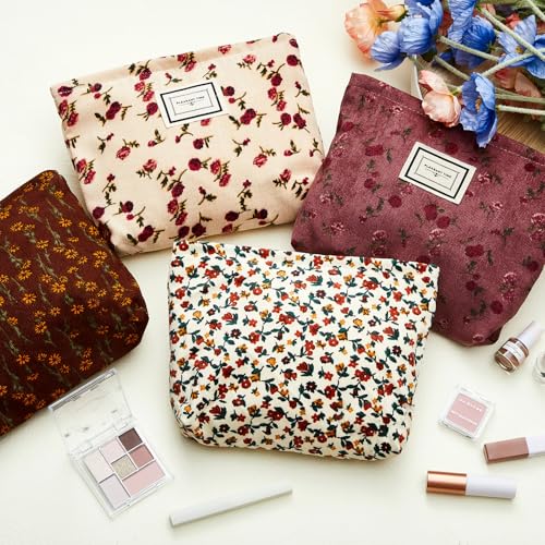 Sanwuta 4 Pcs Corduroy Cosmetic Bags Floral Makeup Bag Corduroy Cosmetic Pouch Flower Travel Toiletry Zipper Bag Large Capacity Aesthetic Purse Organizer Cute Handbags for Women, Girls Gifts, 4 Styles