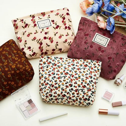 Sanwuta 4 Pcs Corduroy Cosmetic Bags Floral Makeup Bag Corduroy Cosmetic Pouch Flower Travel Toiletry Zipper Bag Large Capacity Aesthetic Purse Organizer Cute Handbags for Women, Girls Gifts, 4 Styles