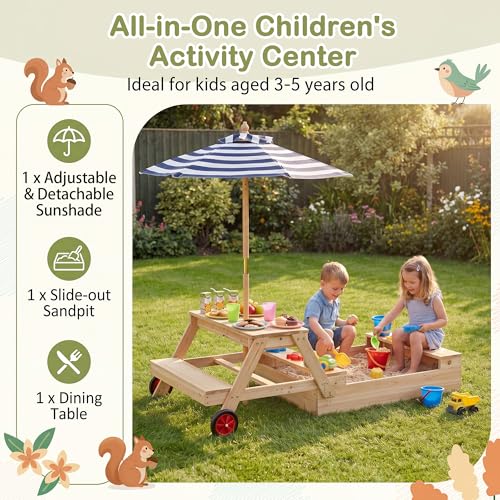 HONEY JOY Kids Picnic Table with Sandbox, Fir Wood Toddler Outdoor Table & Chair Set w/Wheels, Removable Umbrella & Sensory Bin, Children Convertible Outdoor Furniture for Backyard Patio Garden (Blue)