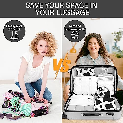 KPX 8 Set Packing Cubes for Travel, Luggage Packing Organizers Accessories Large Toiletries Bag for Clothes Shoes Cosmetics (Cow) - color: 8Set-Cow