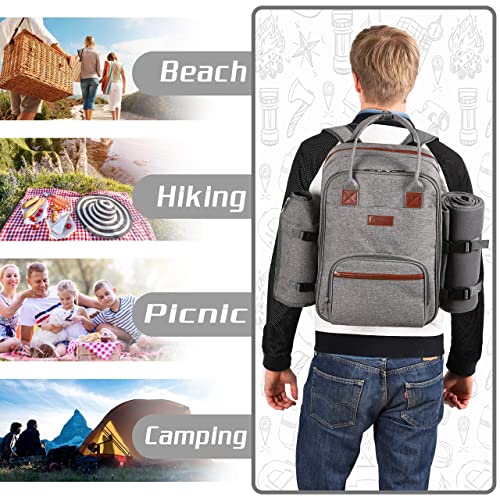 ALLCAMP Picnic Backpack - Insulated Cooler Bag with Compartment, Detachable Wine Glass Holder, Throw Blanket & Cutlery Set, 2 Person Picnic Set for Family Outings, Couple Gifts (Gray) - color: Gray, size: 2 person
