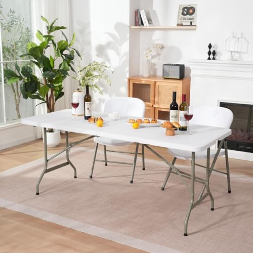 Folding Table 6ft, Heavy-Duty 500lbs Weight Capacity Foldable Table with HDPE Top & Steel Legs, Portable 6 Foot Picnic Table for Indoor Outdoor Parties, Camping, Event