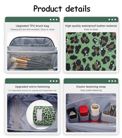 BOYATU Travel Makeup Bag Organizer: 3 Pcs Set Leopard Make up Bag for Women | Vegan Leather Cosmetic Bags with Compartments - Waterproof Toiletry Bag - 180° Open-Flat Make up Case for 3-15 Day Trips - color: 09-Green