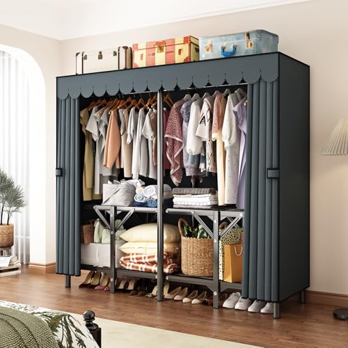 Gray Large Portable Armoire Wardrobe Closet with Foldable Clothing Wardrobe 25MM Steel Pipe Metal Frame Clothes Rack,One Piece Folding Design - size: 59.1 x 17.7 x 66.9 inches