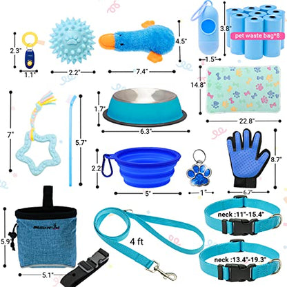 FLYSTAR Puppy Starter Kit for Small Dogs, 26 pcs Include Dog Toys, Collar and Leash, Training Clicker, Treat Bag, Poop Waste Bag with Dispenser, Blanket, Grooming Glove, Bowls, Toothbrush, etc - color: Blue, size: 26 pcs
