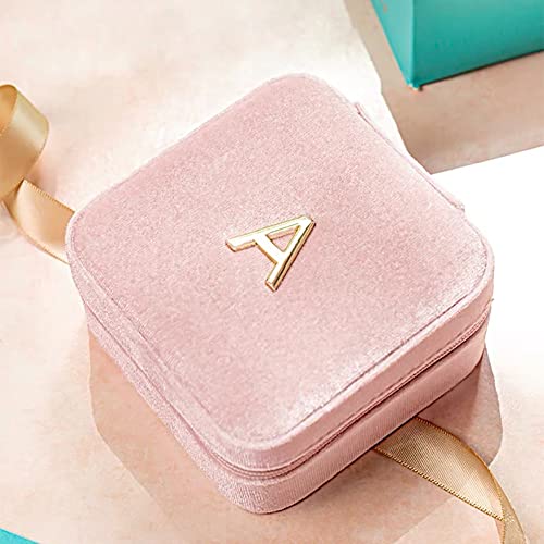 VLANDO Small Travel Jewelry Box Organizer Display Case for Rings Earrings Necklaces Storage, Selected Soft Velvet, Letter A Engraved, Pink - color: b. Powder Pink A