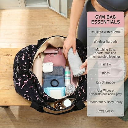 Gym Bag Sports Duffle Bag with Wet Pocket Weekender Overnight Bags with Waterproof Shoe Pouch and Air Hole for Girls Kids Women Workout Travel Bags (Bow Tie Black) - color: Bow Tie Black