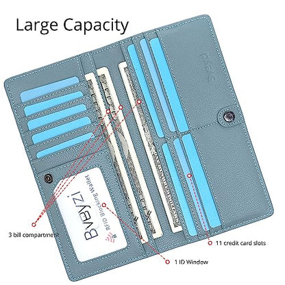Bveyzi Ultra Slim Thin Leather RFID Blocking Credit Card Holder Bifold Clutch Wallets for Women - color: Blue Grey