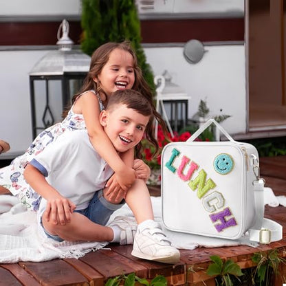Insulated Lunch Bag With Adjustable Shoulder Strap, Nylon Preppy Lunch Box Large Insulated Lunch Bag Reusable Lunch Tote Bag with Smiley Preppy LunchBag for Girls School Travel Picnic (White) - color: White