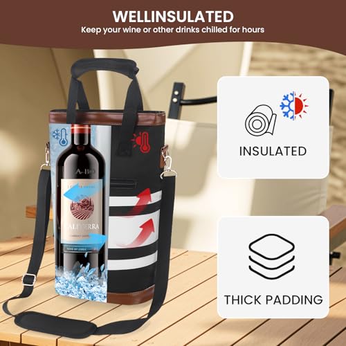 BLUBYEES 2-Bottle Insulated Wine Carrier Tote - Leakproof Padded 900D Oxford Cooler Bag for Travel, Picnics, Beach & Parties - color: Modern Black & White