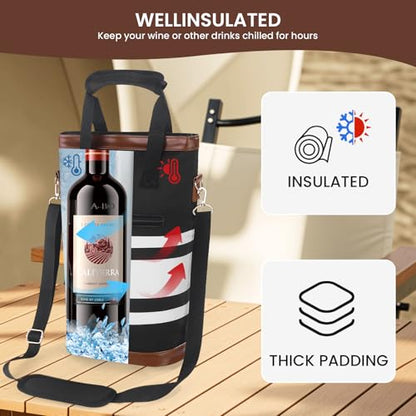 BLUBYEES 2-Bottle Insulated Wine Carrier Tote - Leakproof Padded 900D Oxford Cooler Bag for Travel, Picnics, Beach & Parties - color: Modern Black & White