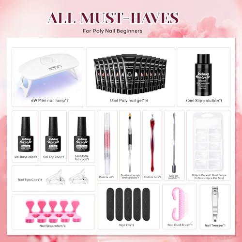JEWHITENY 14 PCS Poly Nail Gel Kit Poly Extension Gel Kit Starter Kit With Slip Solution Professional Extension Set With LED Lamp Nail Art Design Beginner All In One - color: A01