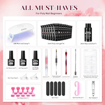 JEWHITENY 14 PCS Poly Nail Gel Kit Poly Extension Gel Kit Starter Kit With Slip Solution Professional Extension Set With LED Lamp Nail Art Design Beginner All In One - color: A01