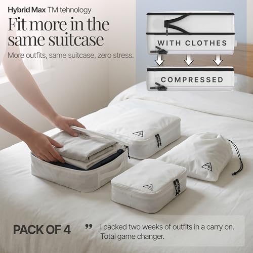 Well Traveled 4 pcs Compression Packing Bags Cubes Set with HybridMax Double-Capacity Design - Packing Cubes for Travel Compression to Maximize Limited Luggage Space, White - color: White, size: 4-piece