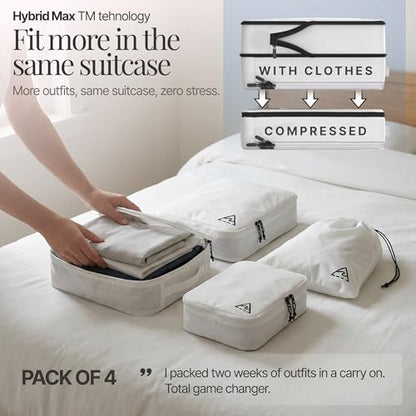 Well Traveled 4 pcs Compression Packing Bags Cubes Set with HybridMax Double-Capacity Design - Packing Cubes for Travel Compression to Maximize Limited Luggage Space, White - color: White, size: 4-piece