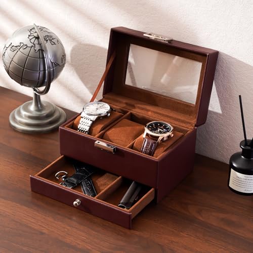 ProCase Watch Box, 3 Slot Watches Display Case with Drawer, Mens Watch Case with Glass Lid, 2-Layer Mens Jewelry Organizer Storage Holder, Birthday Valentine Gifts for Men-3 Slot, Espresso - color: Espresso, size: 3-Slot