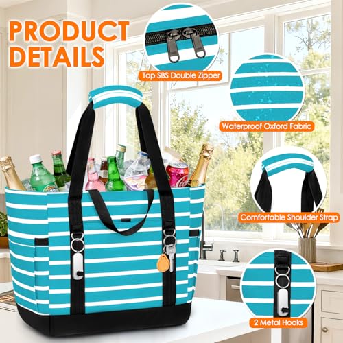 Cooler Bag Insulated, Soft Side Cooler, Reusable Grocery Bags with Zipper Closure, Thermal Leakproof Large Insulated Tote Bag for Hot/Cold Food for Grocery, Beach, Travel, Picnic - color: Lake Blue and White