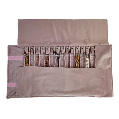Portable Jewelry Roll Untangled Secure Necklace Travel Storage Bag Displays Holder 16 Chain (Embroidery Pink Velvet) - color: Embroidery Pink Velvet