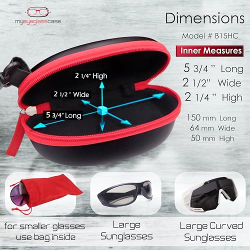 MyEyeglassCase Sports Sunglasses Case and Slim wallet Semi hard large glasses case w/belt clip soft pouch & cloth - color: B15hc Black/Red1
